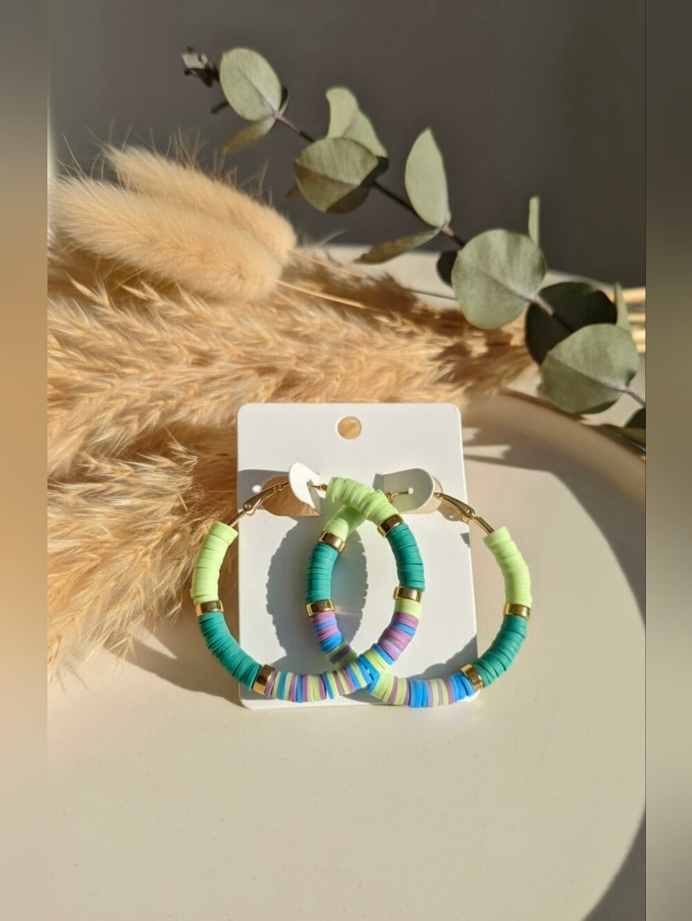 Colorful Polymer Clay Disc & Gold Spacer Hoop Earrings